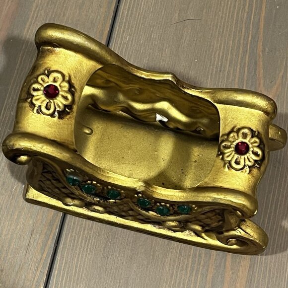 Lefton Gold Sleigh & Reindeer Red Green Jewels Christmas Ceramic w/Sticker Japan - Picture 5 of 16